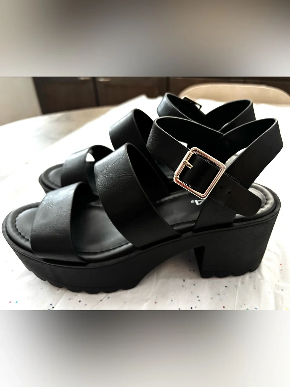 Soda Black Platform Crisscross Sandals with Gold Buckle